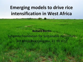 Emerging models to drive rice
intensification in West Africa
Robert Berlin
Syngenta Foundation for Sustainable Agriculture
3rd Africa Rice Congress, 22.10.1013

 