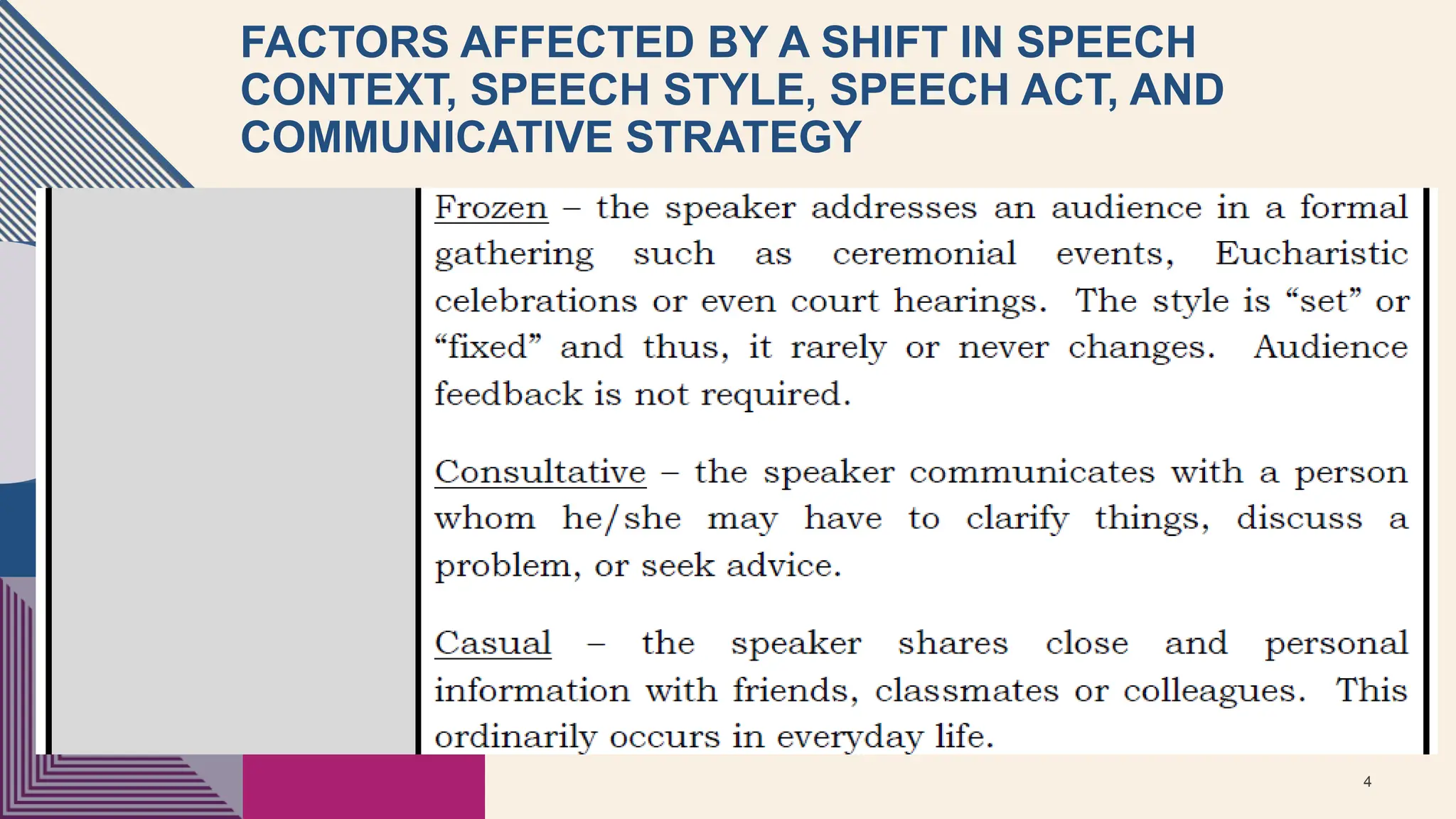 FACTORS AFFECTED BY A SHIFT IN SPEECH
CONTEXT, SPEECH STYLE, SPEECH ACT, AND
COMMUNICATIVE STRATEGY
4
 