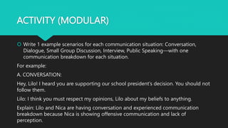 ACTIVITY (MODULAR)
 Write 1 example scenarios for each communication situation: Conversation,
Dialogue, Small Group Discussion, Interview, Public Speaking—with one
communication breakdown for each situation.
For example:
A. CONVERSATION:
Hey, Lilo! I heard you are supporting our school president’s decision. You should not
follow them.
Lilo: I think you must respect my opinions, Lilo about my beliefs to anything.
Explain: Lilo and Nica are having conversation and experienced communication
breakdown because Nica is showing offensive communication and lack of
perception.
 