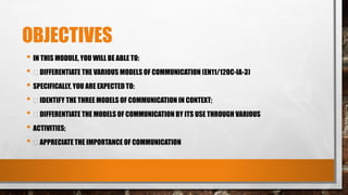 OBJECTIVES
• IN THIS MODULE, YOU WILL BE ABLE TO:
• DIFFERENTIATE THE VARIOUS MODELS OF COMMUNICATION (EN11/12OC-IA-3)
• SPECIFICALLY, YOU ARE EXPECTED TO:
• IDENTIFY THE THREE MODELS OF COMMUNICATION IN CONTEXT;
• DIFFERENTIATE THE MODELS OF COMMUNICATION BY ITS USE THROUGH VARIOUS
• ACTIVITIES;
• APPRECIATE THE IMPORTANCE OF COMMUNICATION
 