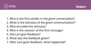 Drills
1. Who is the first sender in the given conversation?
2. What is the stimulus of the given communication?
3. Who en...