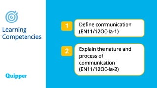 Learning
Competencies
Define communication
(EN11/12OC-Ia-1)
1
2 Explain the nature and
process of
communication
(EN11/12OC...