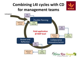 Combining L4I cycles with CD
for management teams
Initiation

SKA
wrkshp

Flexible Planning
Reflection
wrkshp

Field
coaching

SKA
wrkshp

Field application
@ MSP level
Review and
Reflection

Reflection
wrkshp

Reflection
wrkshp

Collaborative
innovation/action

SKA
wrkshp

Field
coaching

Field
coaching

 