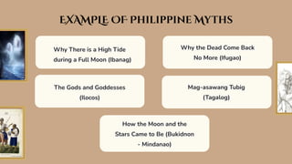 Why There is a High Tide
during a Full Moon (Ibanag)
EXAMPLE OF Philippine Myths
The Gods and Goddesses
(Ilocos)
Why the Dead Come Back
No More (Ifugao)
Mag-asawang Tubig
(Tagalog)
How the Moon and the
Stars Came to Be (Bukidnon
- Mindanao)
 