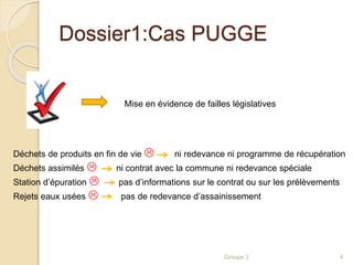 Dossier1:Cas PUGGE 
Mise en évidence de failles législatives 
Déchets de produits en fin de vie  ni redevance ni programme de récupération 
Déchets assimilés  ni contrat avec la commune ni redevance spéciale 
Station d’épuration  pas d’informations sur le contrat ou sur les prélèvements 
Rejets eaux usées  pas de redevance d’assainissement 
Groupe 3 4 
 