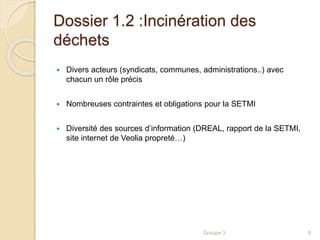 Dossier 1.2 :Incinération des 
déchets 
 Divers acteurs (syndicats, communes, administrations..) avec 
chacun un rôle précis 
 Nombreuses contraintes et obligations pour la SETMI 
 Diversité des sources d’information (DREAL, rapport de la SETMI, 
site internet de Veolia propreté…) 
Groupe 3 8 
 
