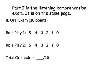 II. Oral Exam (10 points)
Role Play 1: 5 4 3 2 1 0
Role Play 2: 5 4 3 2 1 0
Total Oral points: ___/10
Part I is the listening comprehension
exam. It is on the same page.
 