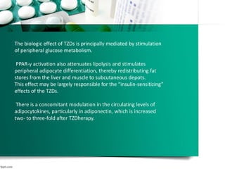 The biologic effect of TZDs is principally mediated by stimulation
of peripheral glucose metabolism.
PPAR-γ activation also attenuates lipolysis and stimulates
peripheral adipocyte differentiation, thereby redistributing fat
stores from the liver and muscle to subcutaneous depots.
This effect may be largely responsible for the “insulin-sensitizing”
effects of the TZDs.
There is a concomitant modulation in the circulating levels of
adipocytokines, particularly in adiponectin, which is increased
two- to three-fold after TZDherapy.
 