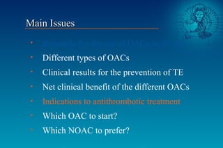 • Rationale for the use of OACs in AF pts
• Different types of OACs
• Clinical results for the prevention of TE
• Net clin...