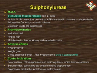 Sulphonylureas
 M.O.A
• Stimulates Insulin release from β- cells
• Inhibits SUR-1 receptors present on ATP sensitive K+ channels → depolarization
followed by Ca+ entry → insulin release
• Glucagon levels are suppressed
 Pharmacokinetics
• well absorbed
• PPB is high
• Metabolized in liver or kidney and excreted in urine
 Adverse effects
• Hypoglycemia
• Weight gain
• Cross placental barrier – fetal hypoglycemia (avoid in gestational DM)
 Contra indications
• Ketocanazole, chloramphenicol and anticoagulants- inhibit their metabolism
• Sulfonamides, salicylates etc- protein binding displacement
• Propranolol masks the symptoms of sulfonylureas
 