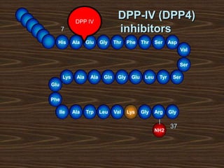 His Ala Glu Gly Thr Phe Thr Ser Asp
Lys Ala Ala Gln Gly Glu Leu Tyr Ser
Ile Ala Trp Leu Val Lys Gly Arg Gly
Val
Ser
Glu
Phe
DPP-IV (DPP4)
inhibitors7
37
NH2
DPP IV
 
