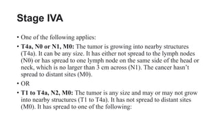 Stage IVA
• One of the following applies:
• T4a, N0 or N1, M0: The tumor is growing into nearby structures
(T4a). It can be any size. It has either not spread to the lymph nodes
(N0) or has spread to one lymph node on the same side of the head or
neck, which is no larger than 3 cm across (N1). The cancer hasn’t
spread to distant sites (M0).
• OR
• T1 to T4a, N2, M0: The tumor is any size and may or may not grow
into nearby structures (T1 to T4a). It has not spread to distant sites
(M0). It has spread to one of the following:
 