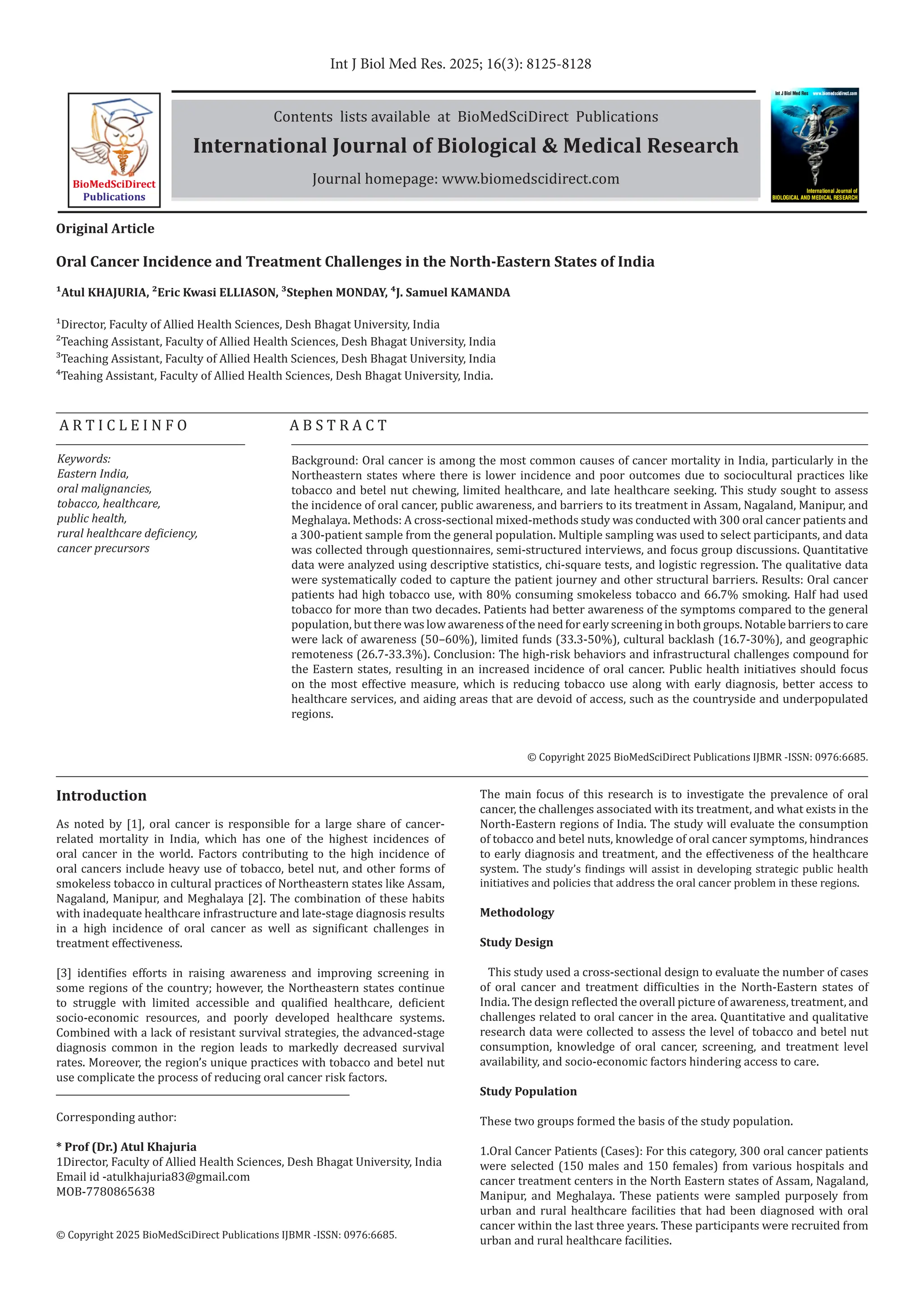 Oral Cancer Incidence and Treatment Challenges in the North-Eastern ...