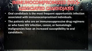 • Oral candidiasis is the most frequent opportunistic infection
associated with immunocompromised individuals.
• The patients who are on immunosuppressive drug regimens
or who have HIV infection, cancer, or hematologic
malignancies have an increased susceptibility to oral
candidiasis.
47
 