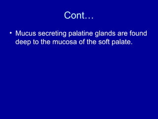 Cont…
• Mucus secreting palatine glands are found
deep to the mucosa of the soft palate.
 