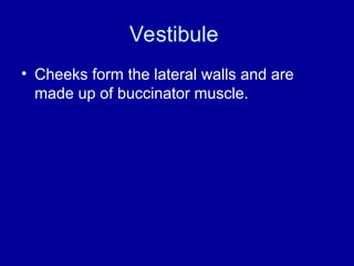 Vestibule
• Cheeks form the lateral walls and are
made up of buccinator muscle.
 