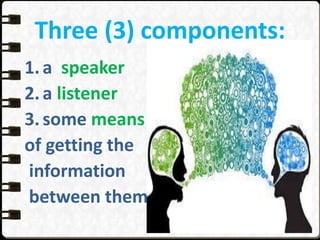 Three (3) components:
1.a speaker
2.a listener
3.some means
of getting the
information
between them
 