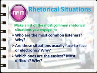 Rhetorical Situations
Make a list of the most common rhetorical
situations you engage in:
Who are the most common listeners?
Why?
Are these situations usually face-to-face
or electronic? Why?
Which ones are the easiest? Most
difficult? Why?
 