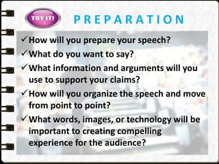 P R E P A R A T I O N
How will you prepare your speech?
What do you want to say?
What information and arguments will you
use to support your claims?
How will you organize the speech and move
from point to point?
What words, images, or technology will be
important to creating compelling
experience for the audience?
 