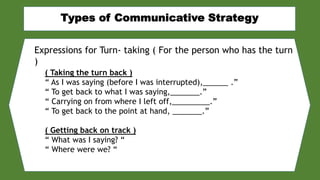 Expressions for Turn- taking ( For the person who has the turn
)
( Taking the turn back )
“ As I was saying (before I was interrupted),______ .”
“ To get back to what I was saying,_______.”
“ Carrying on from where I left off,_________.”
“ To get back to the point at hand, _______.”
( Getting back on track )
“ What was I saying? “
“ Where were we? “
 