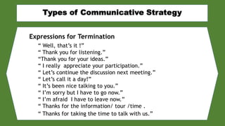 Expressions for Termination
“ Well, that’s it !”
“ Thank you for listening.”
“Thank you for your ideas.”
“ I really appreciate your participation.”
“ Let’s continue the discussion next meeting.”
“ Let’s call it a day!”
“ It’s been nice talking to you.”
“ I’m sorry but I have to go now.”
“ I’m afraid I have to leave now.”
“ Thanks for the information/ tour /time .
“ Thanks for taking the time to talk with us.”
 
