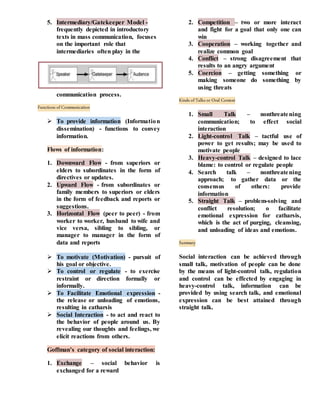 5. Intermediary/Gatekeeper Model -
frequently depicted in introductory
texts in mass communication, focuses
on the important role that
intermediaries often play in the
communication process.
Functions of Communication
 To provide information (Information
dissemination) - functions to convey
information.
Flows of information:
1. Downward Flow - from superiors or
elders to subordinates in the form of
directives or updates.
2. Upward Flow - from subordinates or
family members to superiors or elders
in the form of feedback and reports or
suggestions.
3. Horizontal Flow (peer to peer) - from
worker to worker, husband to wife and
vice versa, sibling to sibling, or
manager to manager in the form of
data and reports
 To motivate (Motivation) - pursuit of
his goal or objective.
 To control or regulate - to exercise
restraint or direction formally or
informally.
 To Facilitate Emotional expression -
the release or unloading of emotions,
resulting in catharsis
 Social Interaction - to act and react to
the behavior of people around us. By
revealing our thoughts and feelings, we
elicit reactions from others.
Goffman’s category of social interaction:
1. Exchange – social behavior is
exchanged for a reward
2. Competition – two or more interact
and fight for a goal that only one can
win
3. Cooperation – working together and
realize common goal
4. Conflict – strong disagreement that
results to an angry argument
5. Coercion – getting something or
making someone do something by
using threats
Kinds of Talks or Oral Context
1. Small Talk – nonthreatening
communication; to effect social
interaction
2. Light-control Talk – tactful use of
power to get results; may be used to
motivate people
3. Heavy-control Talk – designed to lace
blame: to control or regulate people
4. Search talk – nonthreatening
approach; to gather data or the
consensus of others: provide
information
5. Straight Talk – problem-solving and
conflict resolution; o facilitate
emotional expression for catharsis,
which is the act of purging, cleansing,
and unloading of ideas and emotions.
Summary
Social interaction can be achieved through
small talk, motivation of people can be done
by the means of light-control talk, regulation
and control can be effected by engaging in
heavy-control talk, information can be
provided by using search talk, and emotional
expression can be best attained through
straight talk.
 
