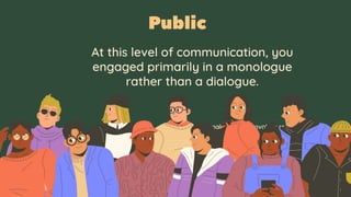 At this level of communication, you
engaged primarily in a monologue
rather than a dialogue.
Internal discourse involves reflection,
analysis, and concentration. Some
activities that are under internal
discourse are daydreaming,
analyzing, praying, and meditating.
 
