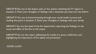 GROUP III:You are at the airport, pier, or bus station watching the TV report in
situation 2. Share your thoughts or feelings with a seatmate you have not met before.
GROUP IV:You are at home browsing through your social media account and
reading the posts in situation 2. Share your thoughts or feelings with your family.
GROUPV:You are the head of the fire department reporting the findings on the
cause and effect of the fire to the mayor.
GROUPVI:You are the mayor addressing the media at a press conference, and
highlighting the importance of fire safety and prevention.
GOOD LUCK!
 