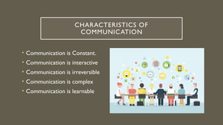 CHARACTERISTICS OF
COMMUNICATION
• Communication is Constant.
• Communication is interactive
• Communication is irreversible
• Communication is complex
• Communication is learnable
 