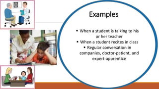  When a student is talking to his
or her teacher
 When a student recites in class
 Regular conversation in
companies, doctor-patient, and
expert-apprentice
Examples
 