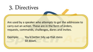 3. Directives
Are used by a speaker who attempts to get the addressee to
carry out an action. These are in the form of orders,
requests, commands, challenges, dares and invites.
Example: You’d better tidy up that mess
Sit down.
 