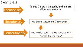 Example 1
Puerto Galera is a nearby and a more
affordable Boracay.
Making a statement (Assertive)
The hearer says “So we have to visit
Puerta Galera then.”
Locutionary
Illocutionary
Perlocutionary
 