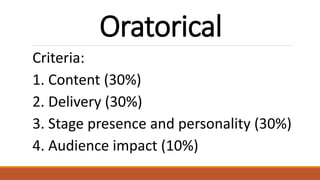 Oratorical
Criteria:
1. Content (30%)
2. Delivery (30%)
3. Stage presence and personality (30%)
4. Audience impact (10%)
 