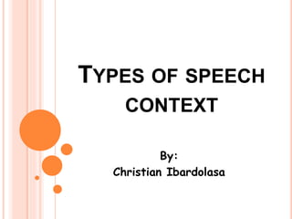 TYPES OF SPEECH
CONTEXT
By:
Christian Ibardolasa
 