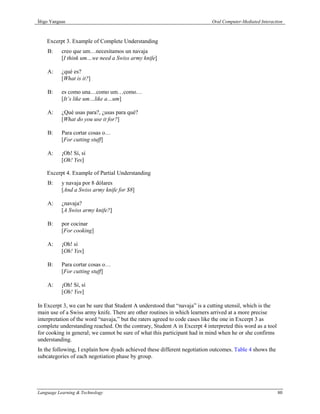 Íñigo Yanguas                                                              Oral Computer-Mediated Interaction



    Excerpt 3. Example of Complete Understanding
    B:     creo que um…necesitamos un navaja
           [I think um…we need a Swiss army knife]

    A:     ¿qué es?
           [What is it?]

    B:     es como una…como um…como…
           [It’s like um…like a…um]

    A:     ¿Qué usas para?, ¿usas para qué?
           [What do you use it for?]

    B:     Para cortar cosas o…
           [For cutting stuff]

    A:     ¡Oh! Sí, sí
           [Oh! Yes]

    Excerpt 4. Example of Partial Understanding
    B:     y navaja por 8 dólares
           [And a Swiss army knife for $8]

    A:     ¿navaja?
           [A Swiss army knife?]

    B:     por cocinar
           [For cooking]

    A:     ¡Oh! sí
           [Oh! Yes]

    B:     Para cortar cosas o…
           [For cutting stuff]

    A:     ¡Oh! Sí, sí
           [Oh! Yes]

In Excerpt 3, we can be sure that Student A understood that “navaja” is a cutting utensil, which is the
main use of a Swiss army knife. There are other routines in which learners arrived at a more precise
interpretation of the word “navaja,” but the raters agreed to code cases like the one in Excerpt 3 as
complete understanding reached. On the contrary, Student A in Excerpt 4 interpreted this word as a tool
for cooking in general; we cannot be sure of what this participant had in mind when he or she confirms
understanding.
In the following, I explain how dyads achieved these different negotiation outcomes. Table 4 shows the
subcategories of each negotiation phase by group.




Language Learning & Technology                                                                            80
 