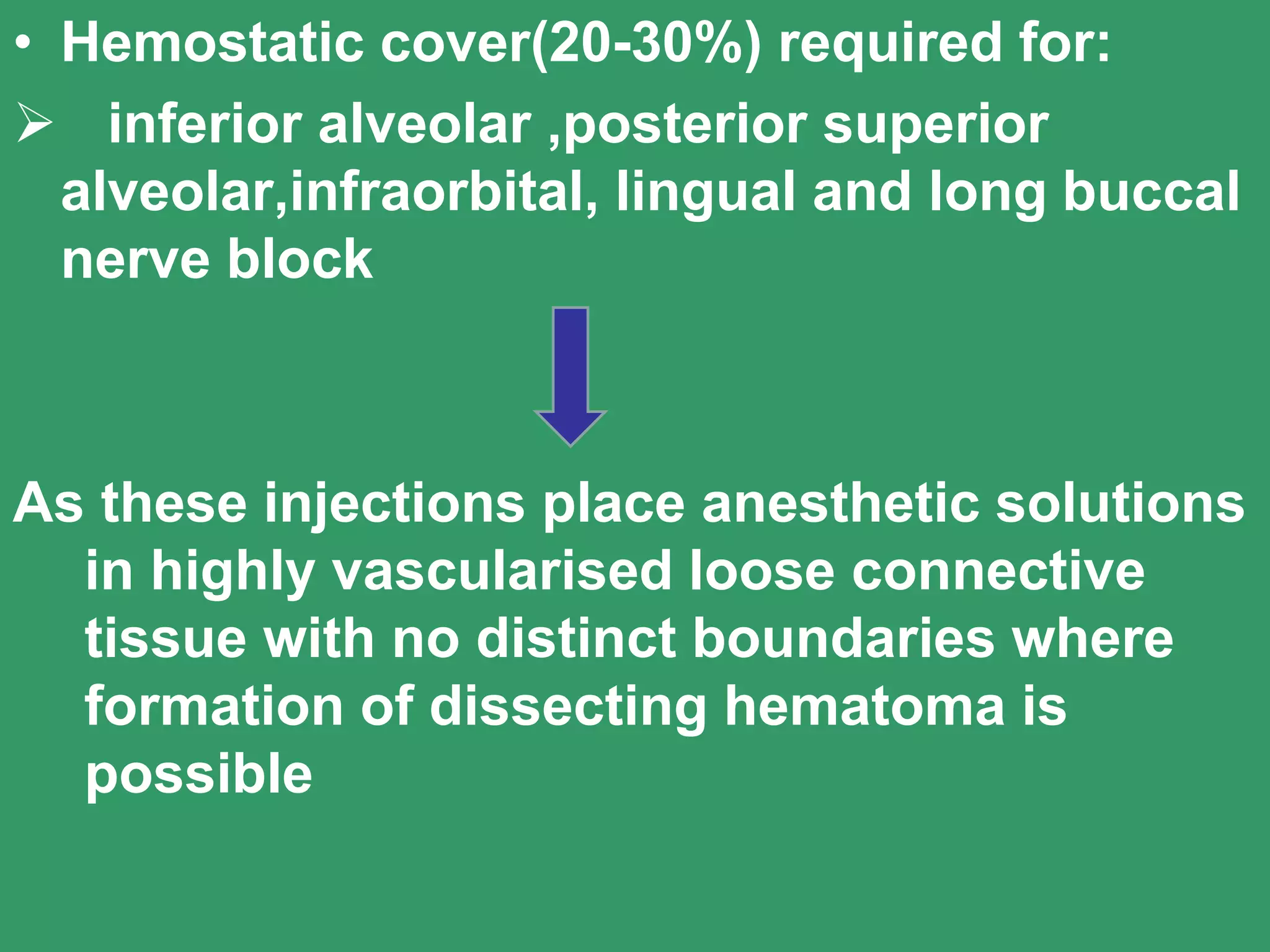 • Hemostatic cover(20-30%) required for:
 inferior alveolar ,posterior superior
alveolar,infraorbital, lingual and long buccal
nerve block
As these injections place anesthetic solutions
in highly vascularised loose connective
tissue with no distinct boundaries where
formation of dissecting hematoma is
possible
 