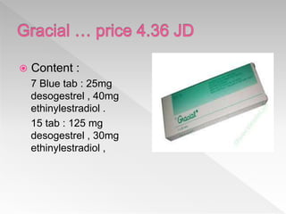  Content :
7 Blue tab : 25mg
desogestrel , 40mg
ethinylestradiol .
15 tab : 125 mg
desogestrel , 30mg
ethinylestradiol ,
 