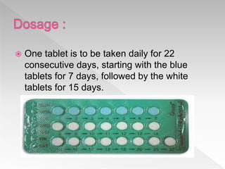  One tablet is to be taken daily for 22
consecutive days, starting with the blue
tablets for 7 days, followed by the white
tablets for 15 days.
 