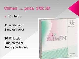  Contents:
11 White tab :
2 mg estradiol
10 Pink tab :
2mg estradiol ,
1mg cyproterone
 