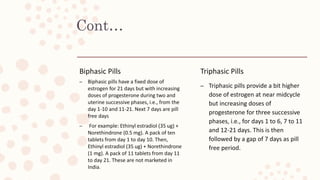 Cont…
Biphasic Pills
– Biphasic pills have a fixed dose of
estrogen for 21 days but with increasing
doses of progesterone during two and
uterine successive phases, i.e., from the
day 1-10 and 11-21. Next 7 days are pill
free days
– For example: Ethinyl estradiol (35 ug) +
Norethindrone (0.5 mg). A pack of ten
tablets from day 1 to day 10. Then,
Ethinyl estradiol (35 ug) + Norethindrone
(1 mg). A pack of 11 tablets from day 11
to day 21. These are not marketed in
India.
Triphasic Pills
– Triphasic pills provide a bit higher
dose of estrogen at near midcycle
but increasing doses of
progesterone for three successive
phases, i.e., for days 1 to 6, 7 to 11
and 12-21 days. This is then
followed by a gap of 7 days as pill
free period.
 