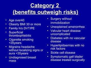 Category 2
(benefits outweigh risks)
• Age over40
• Obesity BMI 30 or more
• Family h/o DVT/PE
• Superficial
thrombophlebitis
• Cigarette smoking
<35years
• Migraine headache
without localizing signs or
aura <35years
• Undiagnosed breast
mass
• Surgery without
immobilization
• Unexplained amenorrhea
• Valvular heart disease
uncomplicated
• Diabetes with no vascular
disease
• Hyperlipidaemias with no
risk factors
• Sickle cell disease
• Symptomatic gall blader
disease treated surgically
 