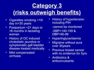 Category 3
(risks outweigh benefits)
• Cigarettes smoking <15/
day in>35 years
• Postpartum <21 days or
<6 months in lactating
women
• History of OC induced
cholestatic jaundice or
symptomatic gall bladder
disease treated medically
• Mild compensated
cirrhosis
• History of hypertension
including PIH
-cannot be monitored
-SBP=140-159 &
DBP=90-99
• Hypertriglyceridemia
• Migraine without aura
over 35years
• Previous breast cancer
with no evidence for 5yrs
• Antibiotics &
anticonvulsants
 