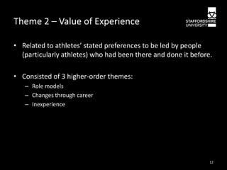 Theme 2 – Value of Experience
• Related to athletes’ stated preferences to be led by people
(particularly athletes) who had been there and done it before.
• Consisted of 3 higher-order themes:
– Role models
– Changes through career
– Inexperience

12

 