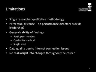 Limitations
• Single researcher qualitative methodology
• Perceptual distance – do performance directors provide
leadership?
• Generalisability of findings
– Participant numbers
– Qualitative method
– Single sport

• Data quality due to internet connection issues
• No real insight into changes throughout the career

15

 