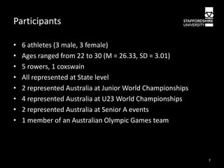 Participants
•
•
•
•
•
•
•
•

6 athletes (3 male, 3 female)
Ages ranged from 22 to 30 (M = 26.33, SD = 3.01)
5 rowers, 1 coxswain
All represented at State level
2 represented Australia at Junior World Championships
4 represented Australia at U23 World Championships
2 represented Australia at Senior A events
1 member of an Australian Olympic Games team

7

 