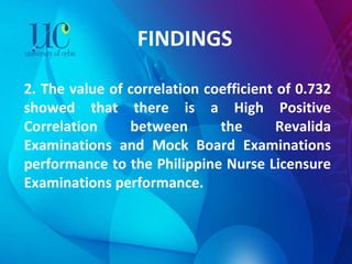 FINDINGS 2. The value of correlation coefficient of 0.732 showed that there is a High Positive Correlation between the Revalida Examinations and Mock Board Examinations performance to the Philippine Nurse Licensure Examinations performance. 