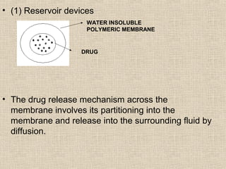 • (1) Reservoir devices
                     WATER INSOLUBLE
                     POLYMERIC MEMBRANE


                   DRUG




• The drug release mechanism across the
  membrane involves its partitioning into the
  membrane and release into the surrounding fluid by
  diffusion.
 