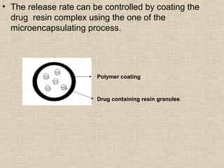 • The release rate can be controlled by coating the
  drug resin complex using the one of the
  microencapsulating process.




                        Polymer coating



                        Drug containing resin granules
 