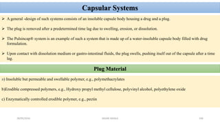 28/05/2016 SAGAR SAVALE 106
Capsular Systems
 A general -design of such systems consists of an insoluble capsule body housing a drug and a plug.
 The plug is removed after a predetermined time lag due to swelling, erosion, or dissolution.
 The Pulsincap® system is an example of such a system that is made up of a water-insoluble capsule body filled with drug
formulation.
 Upon contact with dissolution medium or gastro-intestinal fluids, the plug swells, pushing itself out of the capsule after a time
lag.
Plug Material
a) Insoluble but permeable and swellable polymer, e.g., polymethacrylates
b)Erodible compressed polymers, e.g., Hydroxy propyl methyl cellulose, polyvinyl alcohol, polyethylene oxide
c) Enzymatically controlled erodible polymer, e.g., pectin
 