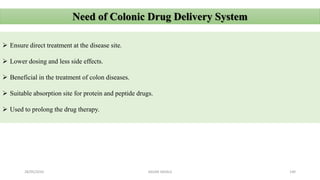 28/05/2016 SAGAR SAVALE 140
Need of Colonic Drug Delivery System
 Ensure direct treatment at the disease site.
 Lower dosing and less side effects.
 Beneficial in the treatment of colon diseases.
 Suitable absorption site for protein and peptide drugs.
 Used to prolong the drug therapy.
 